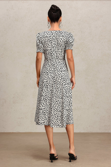 Laila White Midi Dress Square Neckline Puff Sleeves Eye-Catching Print Daring Slit Versatile Staple