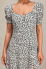 Laila White Square Neckline Puff Sleeve Midi Dress with Print and Skirt Slit