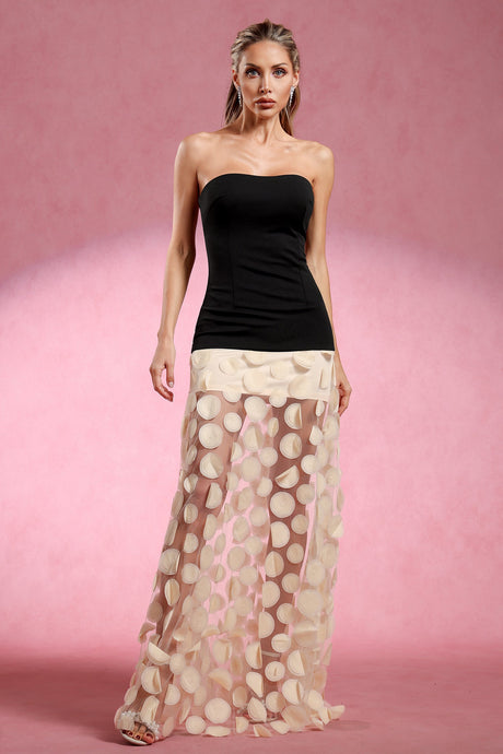 Lainey Beige Strapless Maxi Dress with Intricate Detailing