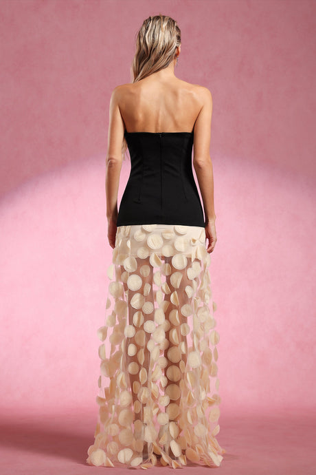 Lainey Beige Strapless Maxi Dress with Intricate Detailing