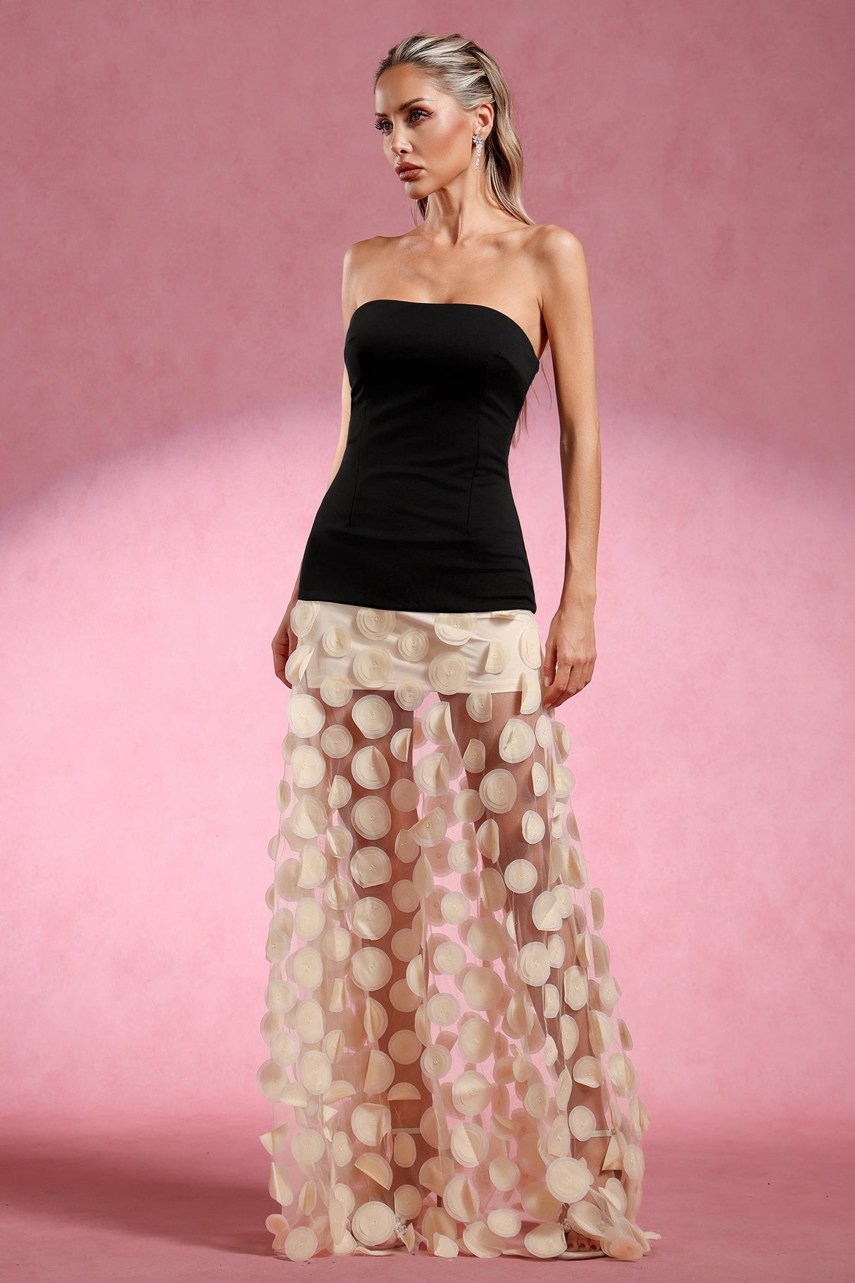 Lainey Beige Strapless Maxi Dress with Intricate Detailing