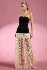 Lainey Beige Strapless Maxi Dress with Intricate Detailing