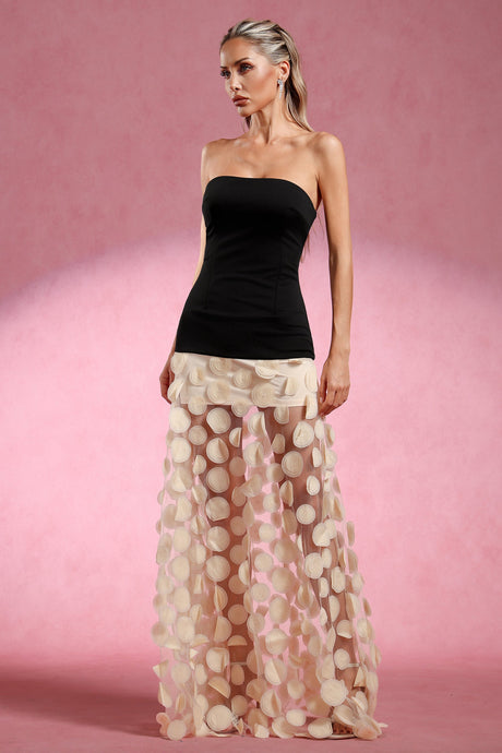 Lainey Beige Strapless Maxi Dress with Intricate Detailing