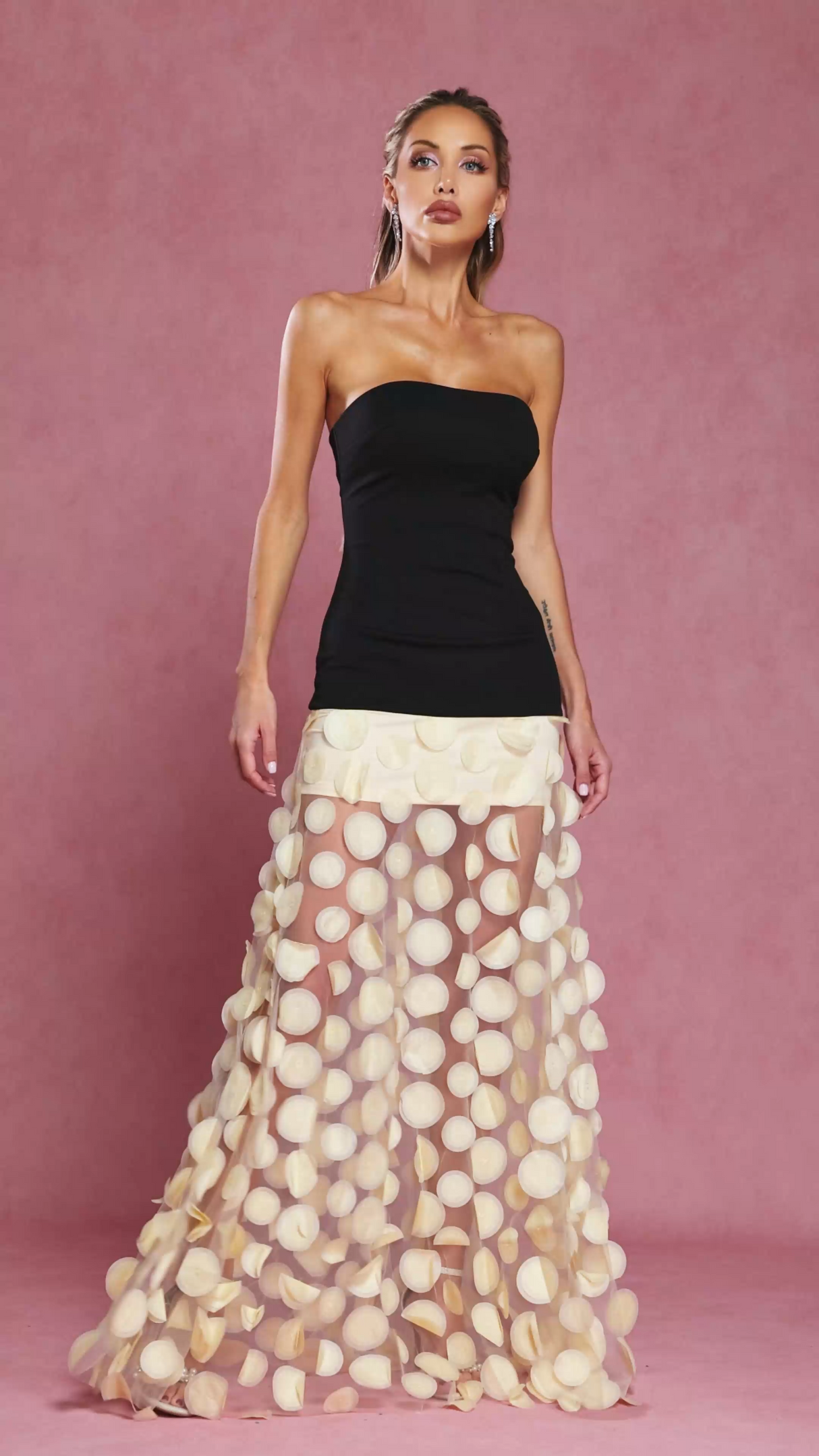 Lainey Beige Strapless Maxi Dress with Intricate Detailing