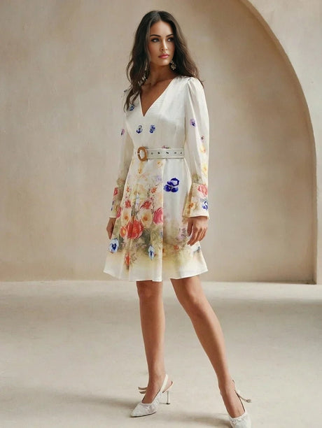 This charming white dress features a delicate floral print in vibrant shades of pink and blue, accentuating its feminine.