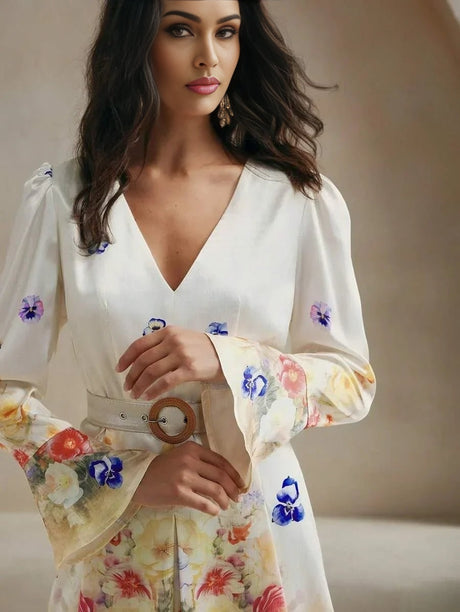 This enchanting floral dress features a soft white fabric adorned with vibrant blooms, showcasing a flattering V-neckline.