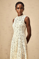 Lainey Midi Dress Beige Floral - Lace Flared Hem
