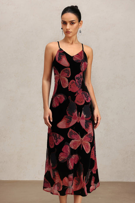 Lana Black Butterfly Print Halter Dress for Special Occasions