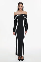 Lana Black Off-Shoulder Maxi Dress with Contrasting Lines and Fitted Bodice