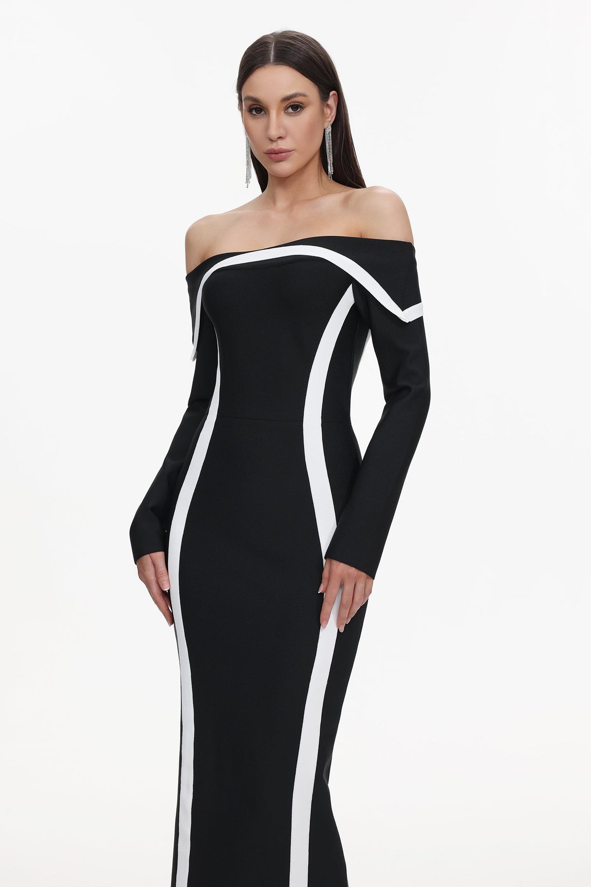 Lana Black Off-Shoulder Maxi Dress with Long Sleeves and Bold Contrasting Lines