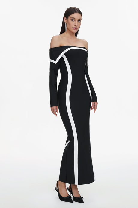 Lana Black Off-Shoulder Maxi Dress with Long Sleeves and Contrasting Lines