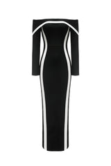 Lana Black Off-The-Shoulder Maxi Dress with Contrasting Lines and Fitted Bodice