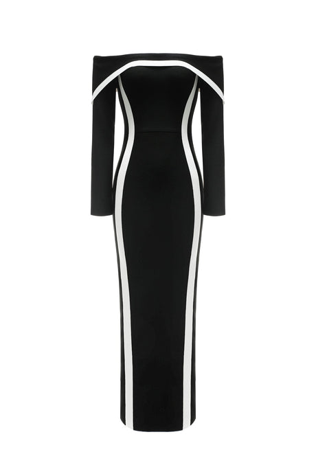 Lana Black Off-The-Shoulder Maxi Dress with Contrasting Lines and Fitted Bodice