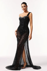 Lana Black Sequin Asymmetrical Neckline Dress