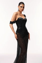 Lana Black Sequin Asymmetrical Neckline Dress