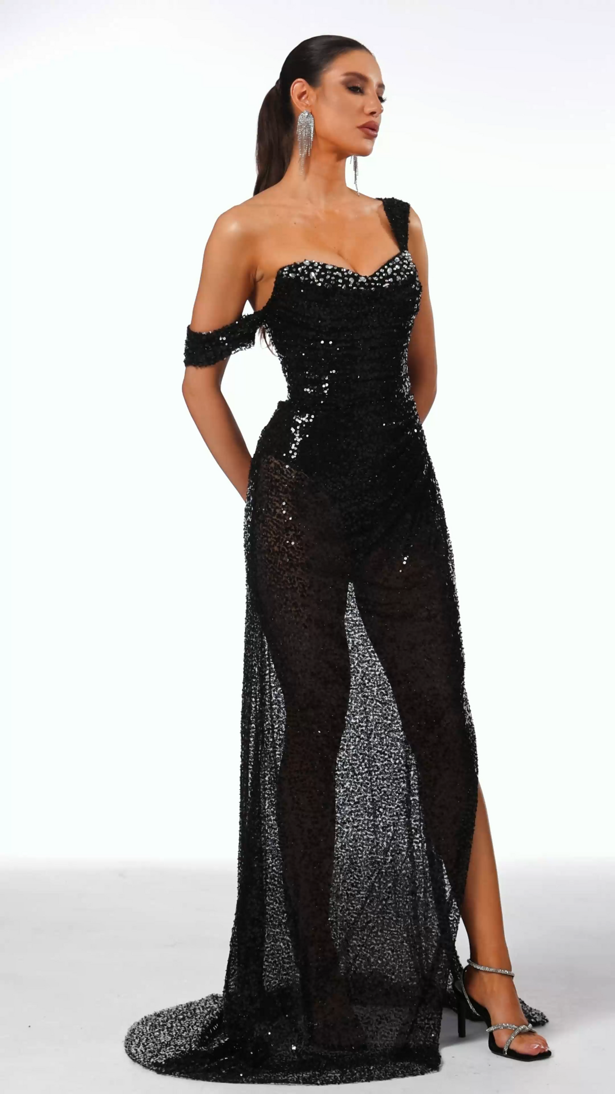 Lana Black Sequin Asymmetrical Neckline Dress