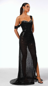 Lana Black Sequin Asymmetrical Neckline Dress