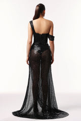 Lana Black Sequin Asymmetrical Neckline Dress