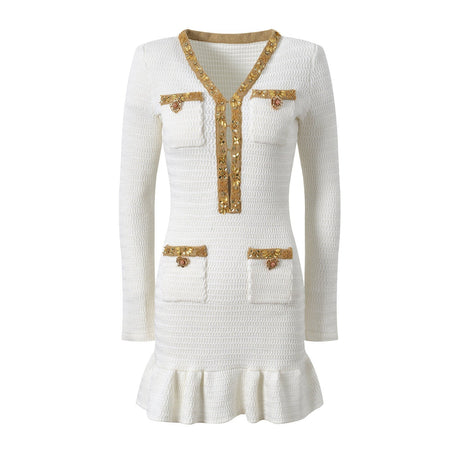 Lana Dress - Fitted Silhouette With Flared Hem - Long - Sleeve Design - Tailored Fit - Elegant Embellished Details