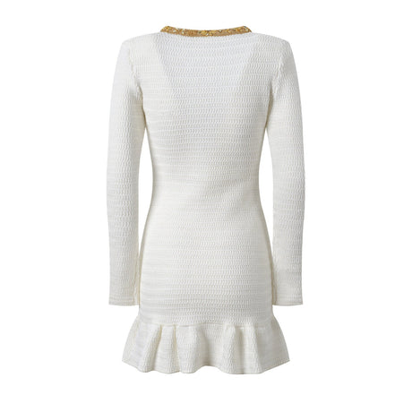 Lana Dress - Fitted Silhouette With Flared Hem - Long - Sleeve Design - Tailored Fit - Elegant Embellished Details