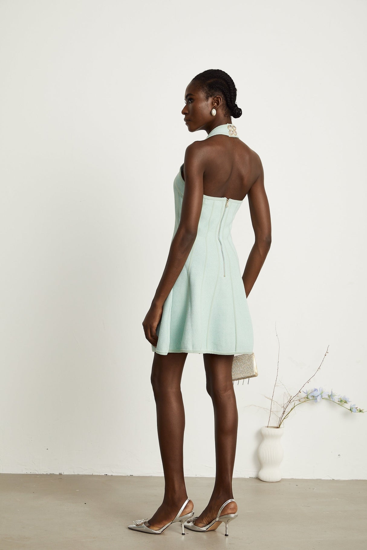 Lana Mini Dress Light Green Halter Flare Knit