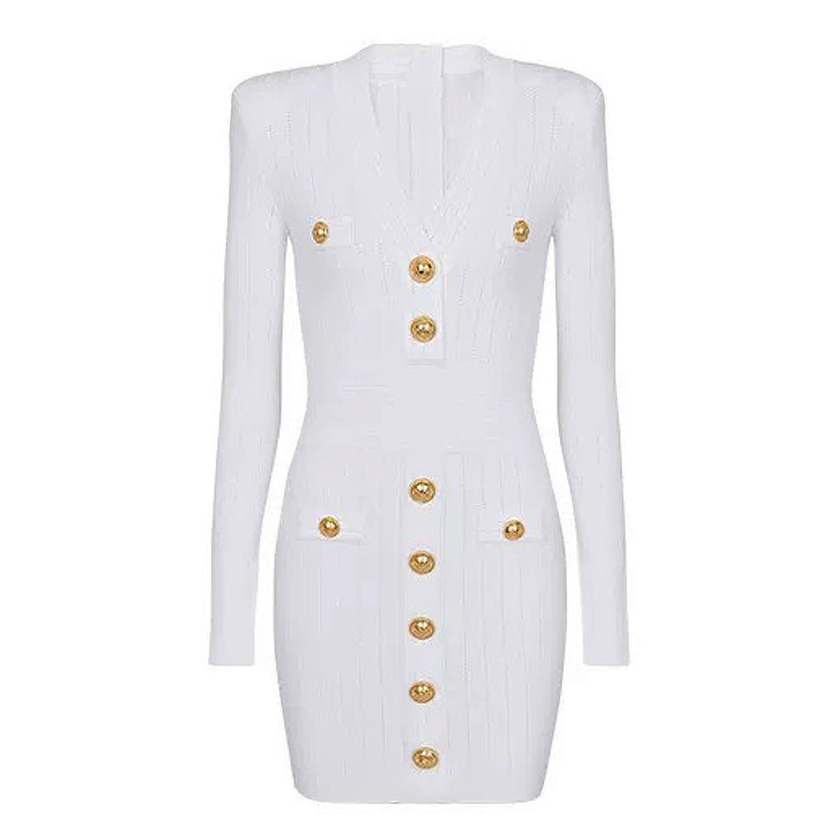 Lana Mini Dress - Tailored Fit - Blazer - Inspired Silhouette - Sculpting Bandage Fabric - Deep V - Neckline - Gold - Tone Buttons