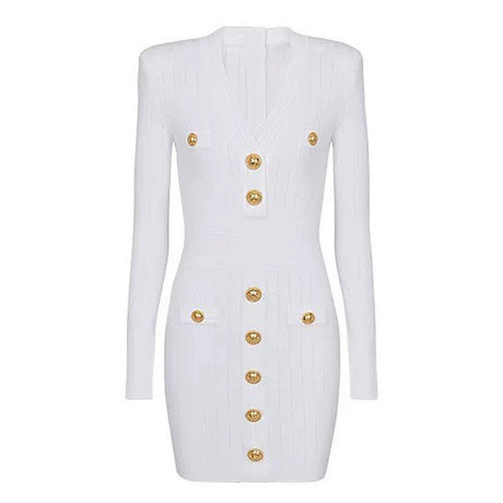 Lana Mini Dress - Tailored Fit - Blazer - Inspired Silhouette - Sculpting Bandage Fabric - Deep V - Neckline - Gold - Tone Buttons