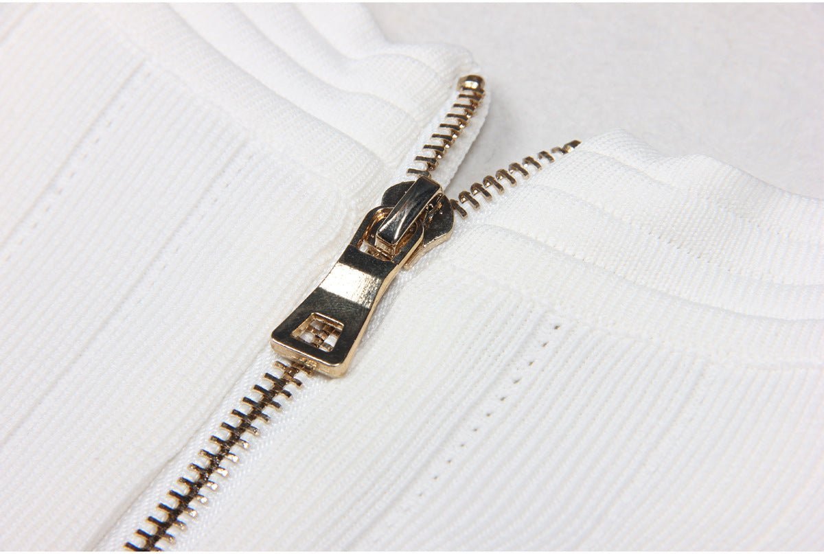 Lana Mini Dress - Tailored Fit - Blazer - Inspired Silhouette - Sculpting Bandage Fabric - Deep V - Neckline - Gold - Tone Buttons