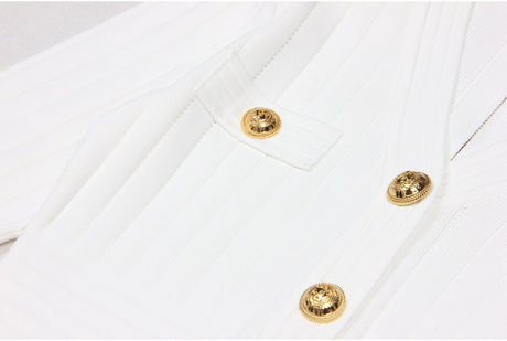 Lana Mini Dress - Tailored Fit - Blazer - Inspired Silhouette - Sculpting Bandage Fabric - Deep V - Neckline - Gold - Tone Buttons