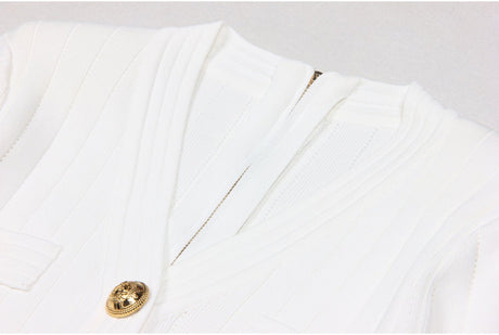 Lana Mini Dress - Tailored Fit - Blazer - Inspired Silhouette - Sculpting Bandage Fabric - Deep V - Neckline - Gold - Tone Buttons