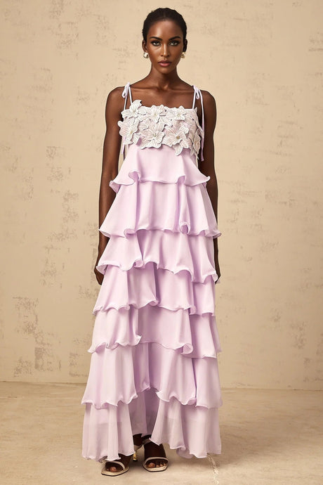 Landry Maxi Dress Purple Sequined 3D - Petal Tiered & Ruffled