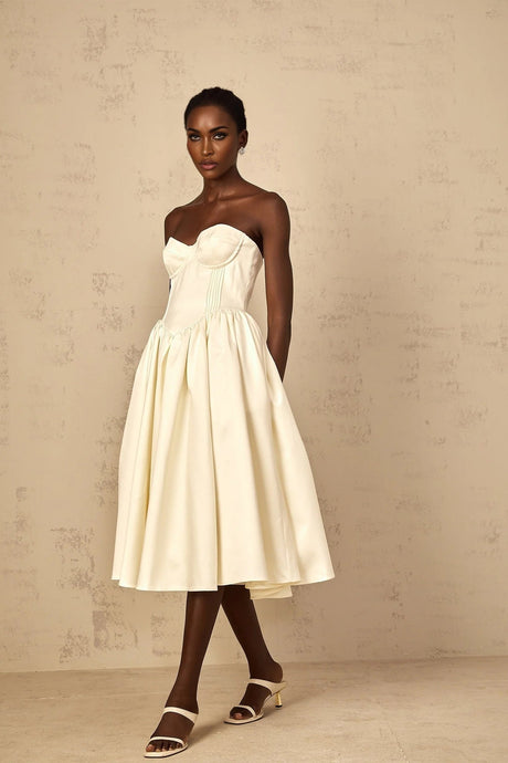 Landry Midi Dress Off - Shoulder Shirred White & Boned