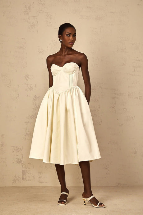 Landry Midi Dress Off - Shoulder Shirred White & Boned