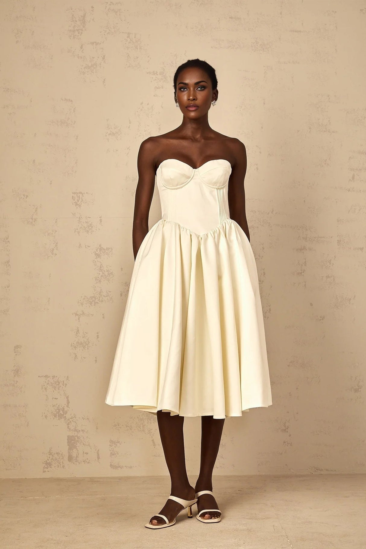Landry Midi Dress Off - Shoulder Shirred White & Boned