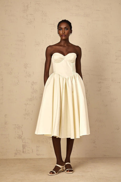 Landry Midi Dress Off - Shoulder Shirred White & Boned