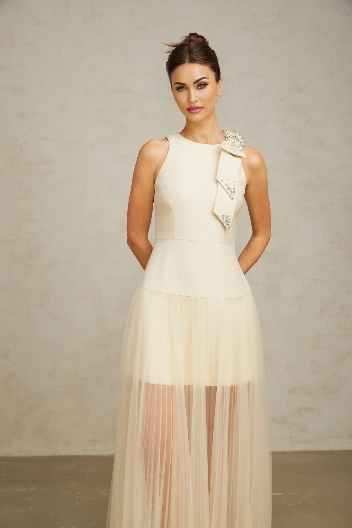 Landry Midi Dress White Tulle Bow Crystal Accent Zip Ankle - Length