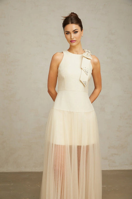 Landry Midi Dress White Tulle Bow Crystal Accent Zip Ankle - Length