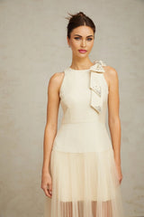 Landry Midi Dress White Tulle Bow Crystal Accent Zip Ankle - Length