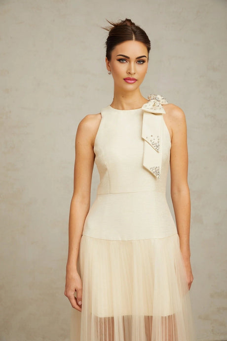 Landry Midi Dress White Tulle Bow Crystal Accent Zip Ankle - Length
