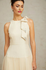 Landry Midi Dress White Tulle Bow Crystal Accent Zip Ankle - Length