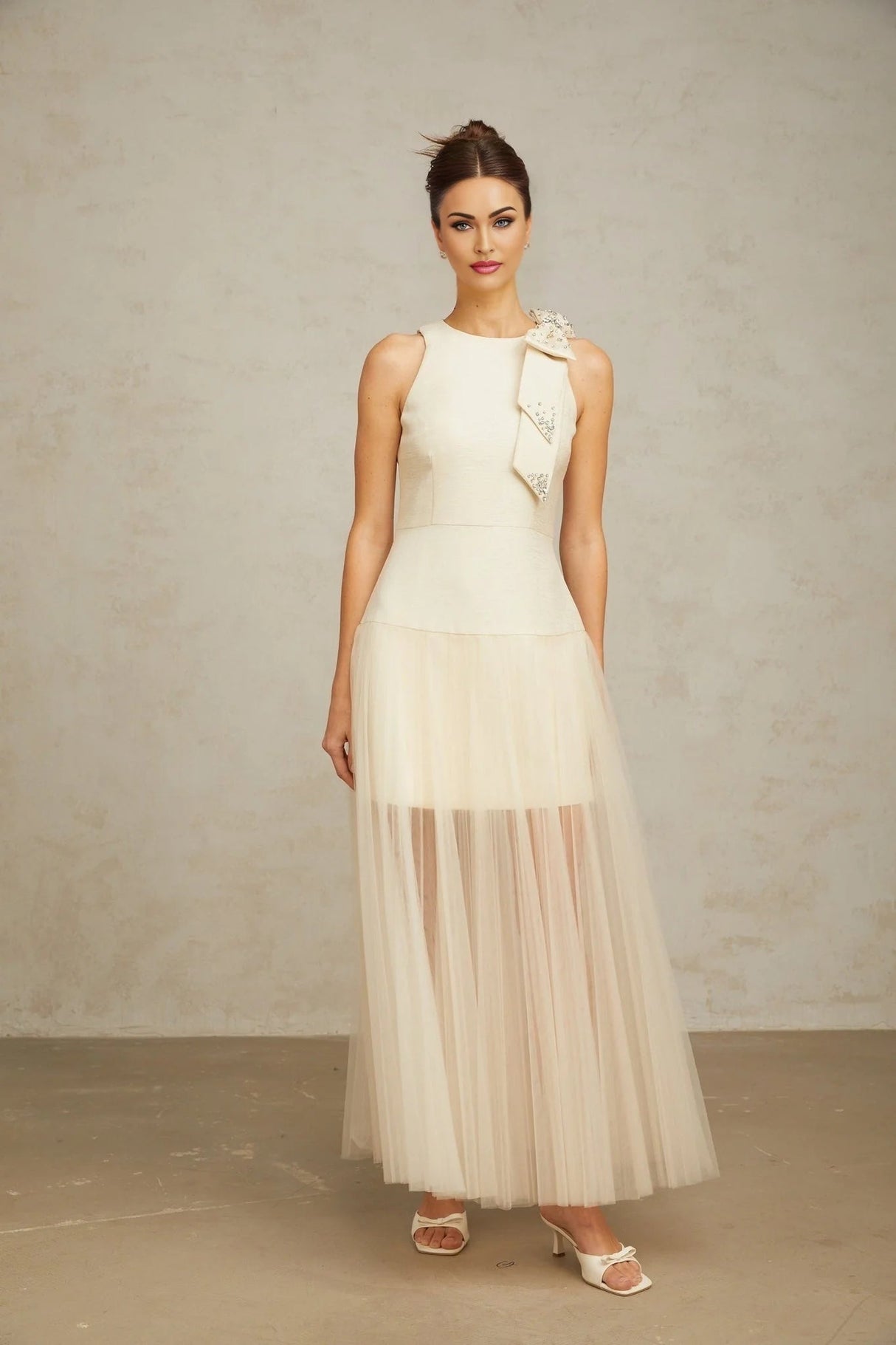Landry Midi Dress White Tulle Bow Crystal Accent Zip Ankle - Length
