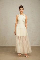 Landry Midi Dress White Tulle Bow Crystal Accent Zip Ankle - Length