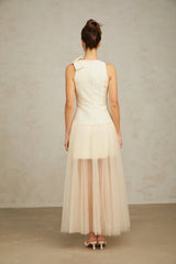Landry Midi Dress White Tulle Bow Crystal Accent Zip Ankle - Length