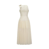 Landry Midi Dress White Tulle Bow Crystal Accent Zip Ankle - Length