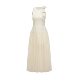 Landry Midi Dress White Tulle Bow Crystal Accent Zip Ankle - Length