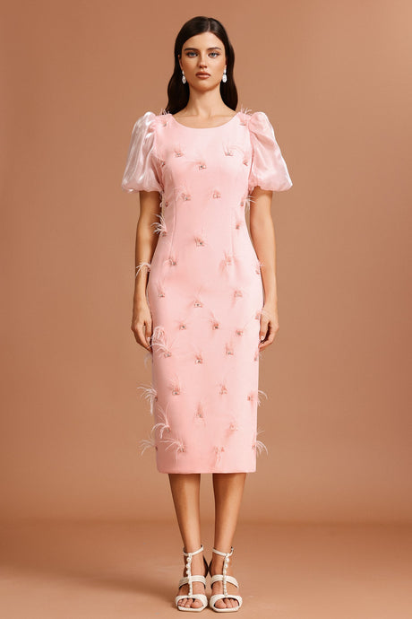 Landry Pink Midi Dress with Puff Sleeves and Feather Detailing