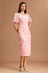 Landry Pink Midi Dress with Puff Sleeves and Feather Detailing