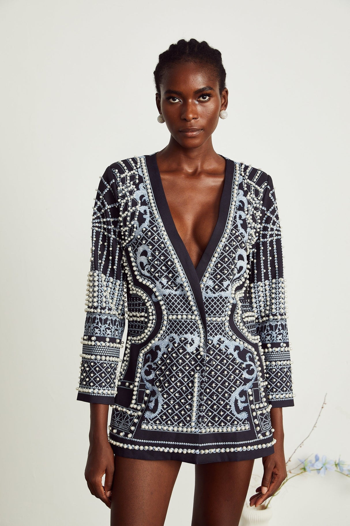Laney Blazer Black & White Pattern VNeck Dress