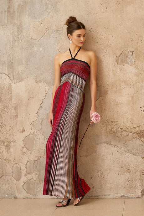 Laney Maxi Dress Red Metallic Knit Halter - neck Glitter Detailing