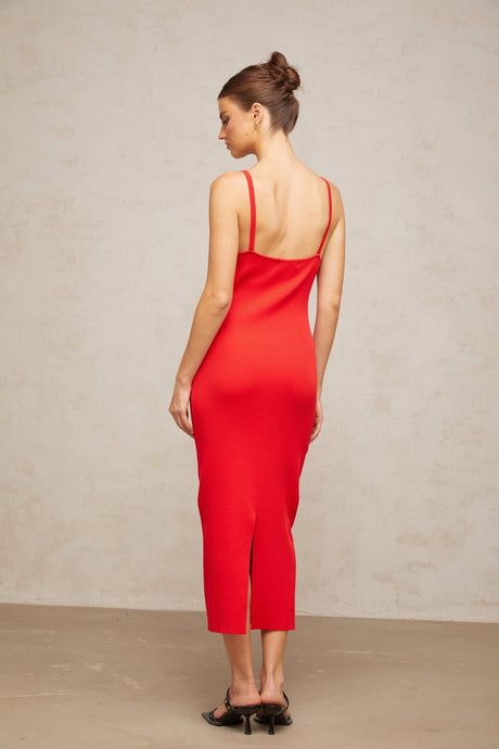 Laney Midi Dress Red Knit Pin Detail Calf Length